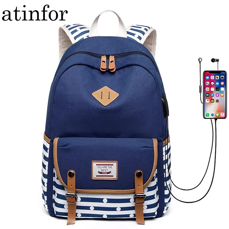 Женский рюкзак в полоску atinfor школьные рюкзаки с USB-портом для зарядки и