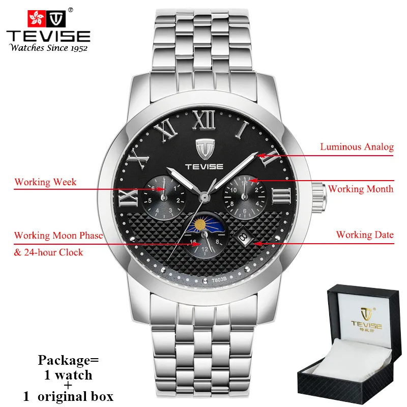 black with box Tevise световой бизнес часы для мужчин Moon Phase авто деловые часы для мальчика подсветка выполните календари Дата Неделя DisplayT803B - Цвет: black with box
