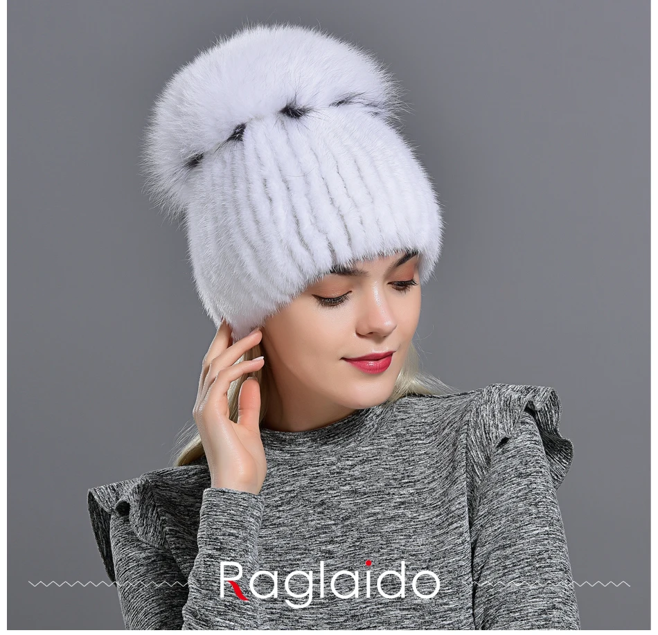 Raglaido Роскошные брендовые шляпы женские норки knittd Настоящее меховую шапку ручной Швейные зима шапочки шапка натурального меха Зимние шляпа упругой LQ11213
