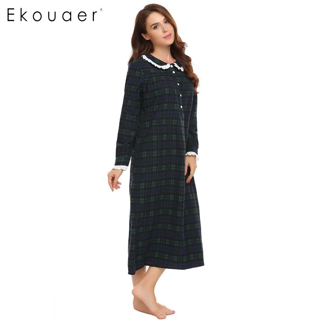 Женская клетчатая Ночная рубашка на пуговицах с длинным рукавом|plaid nightgown|nightgowns