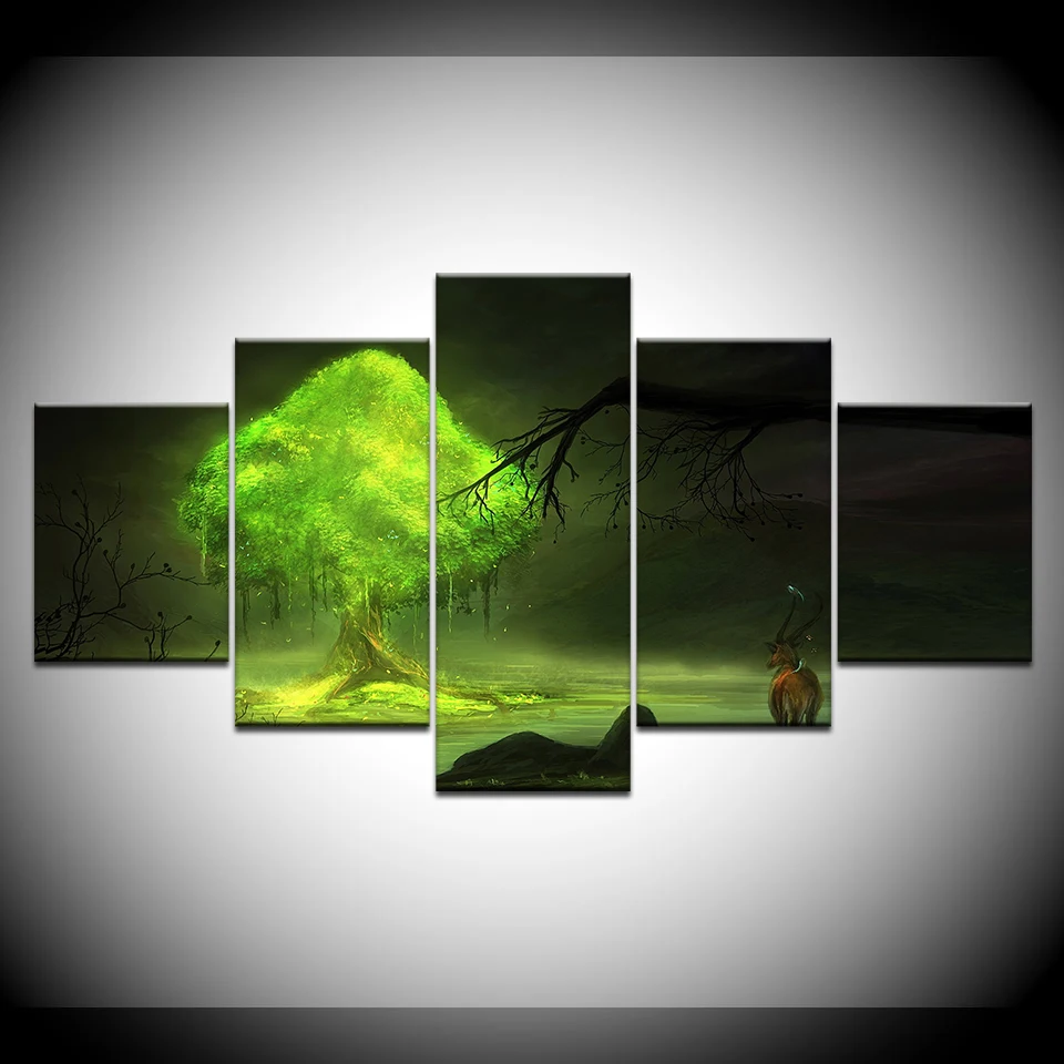 Картина на холсте Олень в лесу с деревом горы ночью 5 шт. модульные обои плакат