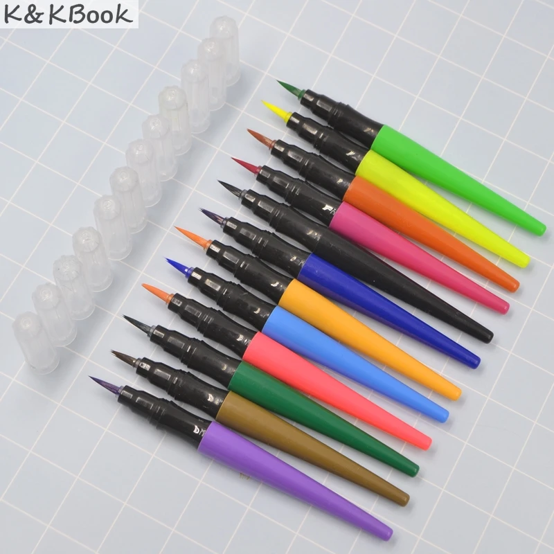 

K&KBOOK 12pc/Lot Water Based Brush Pen Permanent Art Markers DIY Scrapbooking Crafts Marker Pen for Drawing Art Supplies