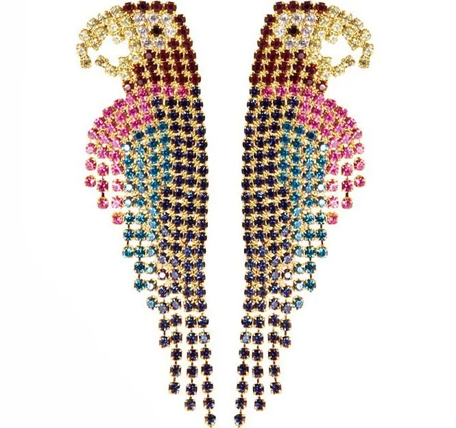 Exaggerated Jewelry Retro Color Luxury Full Rhinestone Parrot Earrings for Women Crystal Tassel Stud Earring Accessories | Украшения и