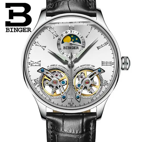 Silv white B8606A bl Швейцарские мужские часы с двойным Tourbillon, BINGER, автоматические часы для мужчин, модные механические наручные часы с кожаным ремешком - Цвет: Silv white B8606A bl