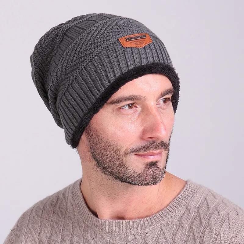 

Fashion Bonnet Gorros Caps For Men Women Thick Winter Beanie Men Knitted Hat Outdoor Skullies & Beanies With Velvet H014-grey