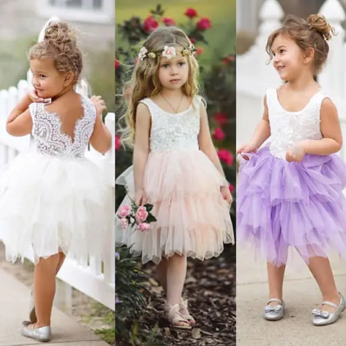 

2021 Cute Kid Baby Girl Lace Tulle Tutu Dress Party Pageant Wedding Princess Sleeveless Ruffle Gown Sundress