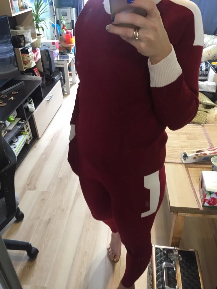 ALPHALMODA осенне-зимние женские вязаные штаны и свитер, комплекты одежды из 2 предметов, пуловеры с круглым вырезом, цветные трикотажные комплекты с карманами