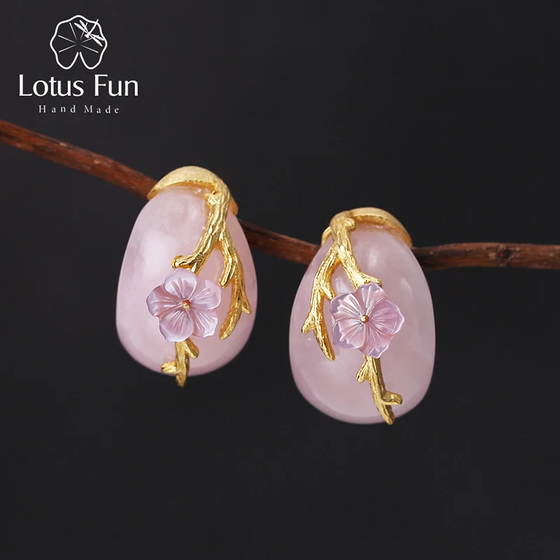 Lotus Fun реальные стерлингового серебра 925 натуральный розовый кристалл творческий