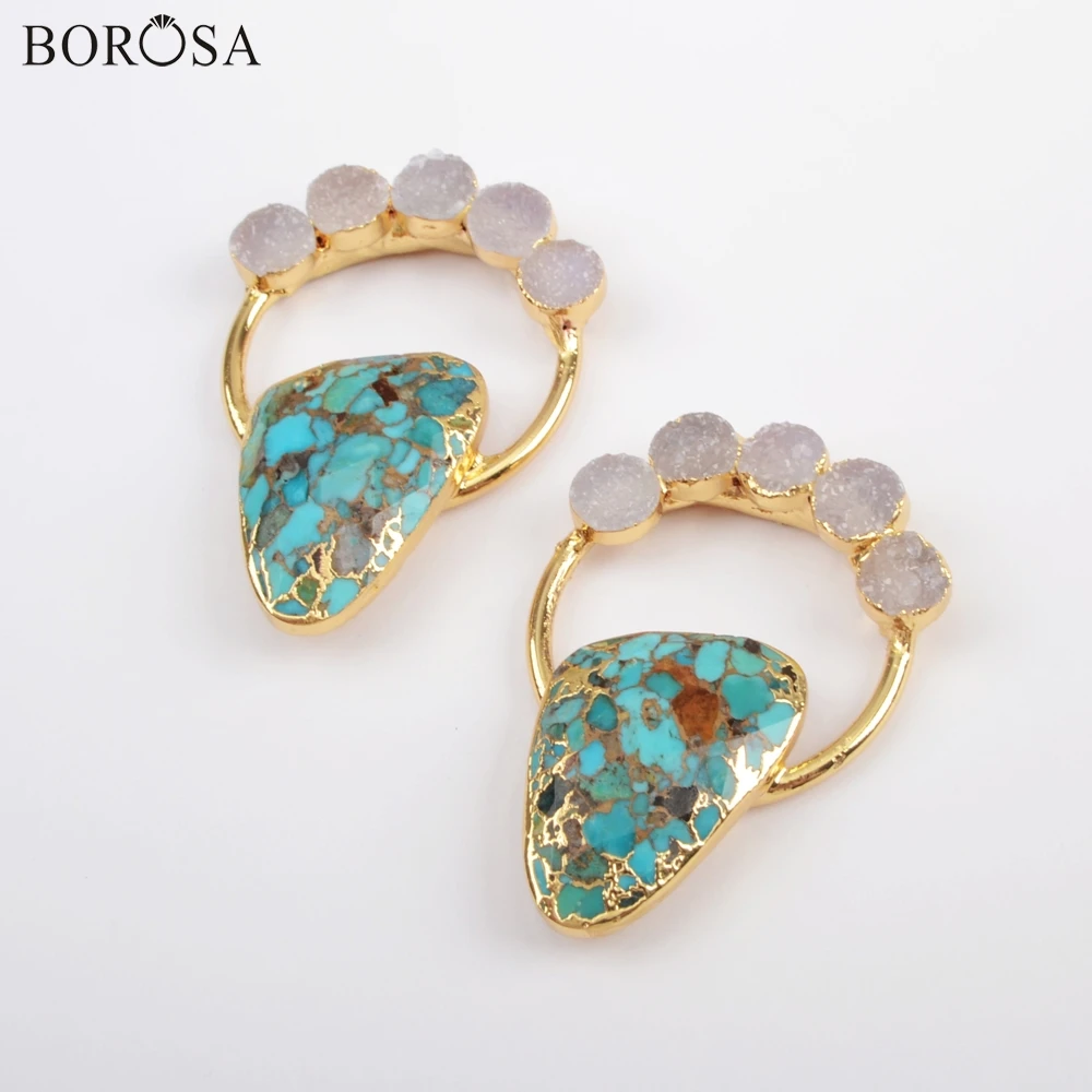 

BOROSA 5Pcs Bohemian Gold Color Five Natural Agates Druzy & Copper Turquoises Charm Natural Drusy Gems Pendants Necklace G1834