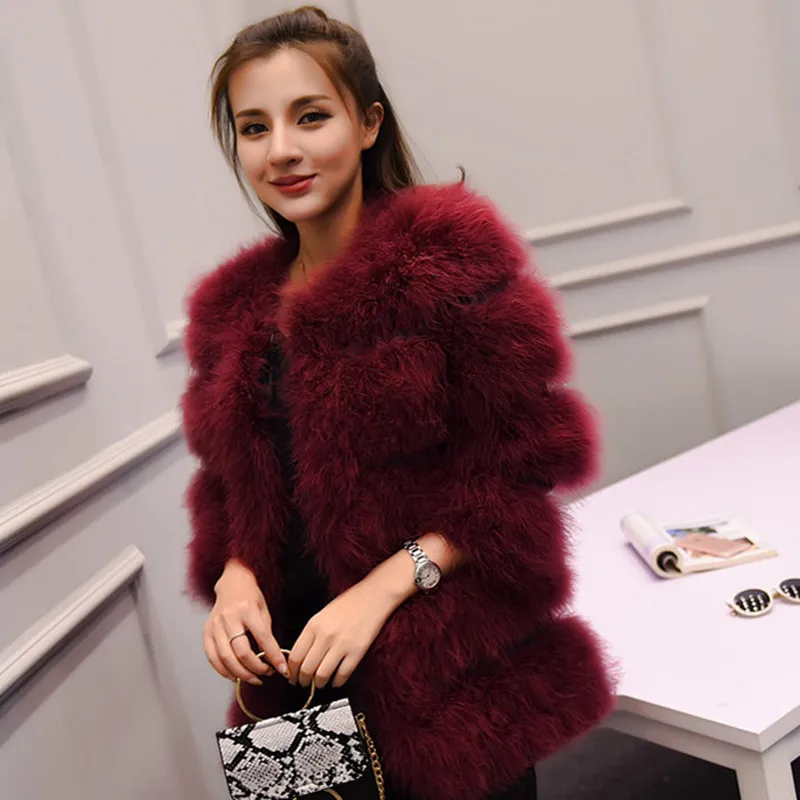 Wine Red Осеннее и зимнее длинное пальто с толстым круглым вырезом, тонкое пальто из страусиного меха, Женское зимнее пальто - Цвет: Wine Red
