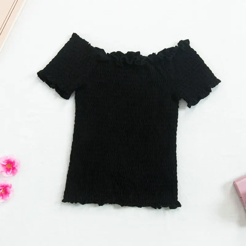 Women Blouse Shirt Женская летняя и осенняя Базовая рубашка с расклешенными рукавами и вырезом лодочкой, повседневный короткий эластичный тонкий пуловер с высокой талией, блузка с оборками, топы - Цвет: Women Blouse Shirt
