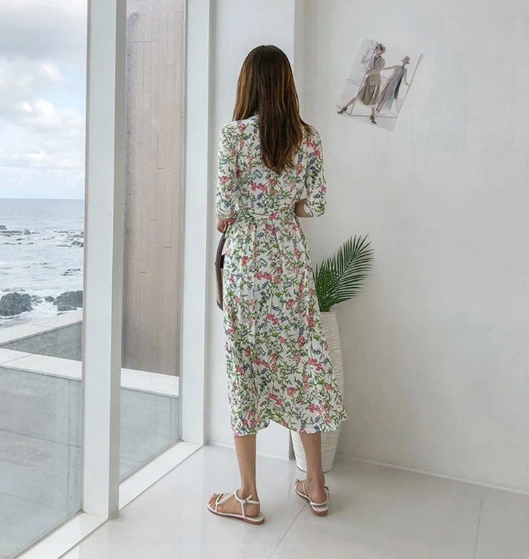 Женские миди Цветочные белые платья с запахом 2019 осенние женские длинные пляжные