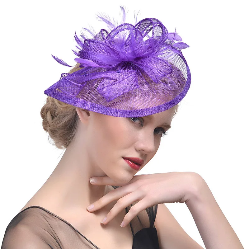 Purple Hat Женское платье Кентукки Дерби вуалетки маленькая шляпа коктейль Чай Вечерние головные уборы на свадьбу перо Sinamay аксессуары - Цвет: Purple Hat