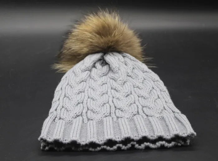 Женская шапка Skullies Beanies Зимние шапки для женщин 18 см большой натуральный мех помпон шапка женская твист вязаные шапки