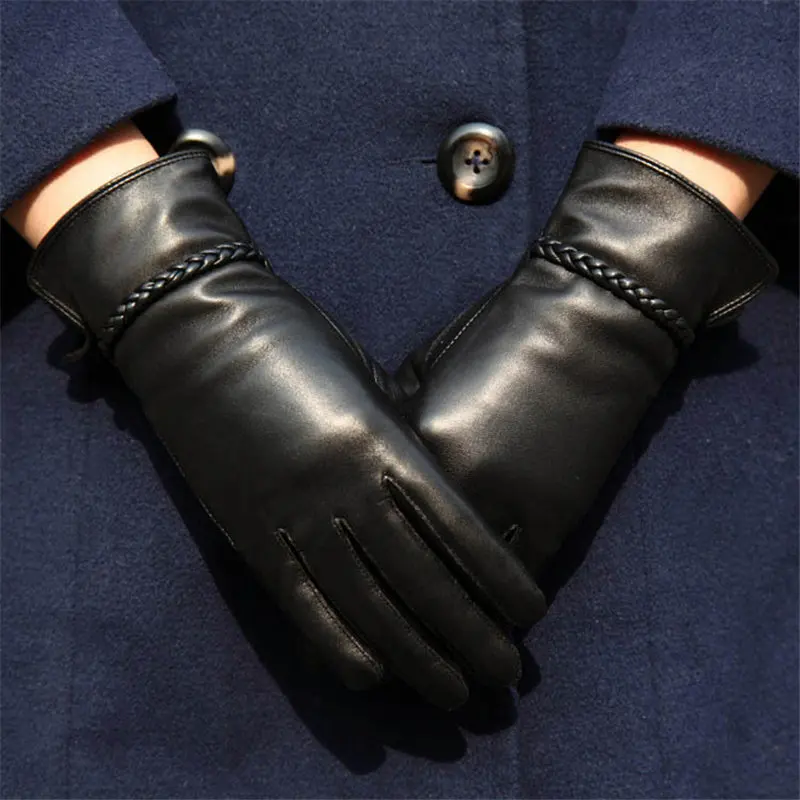 Черный Новинка, женские перчатки из овчины, натуральная кожа, плюс бархат, утолщенные зимние теплые кожаные перчатки для вождения, женские перчатки из овчины, XC234L - Цвет: Черный