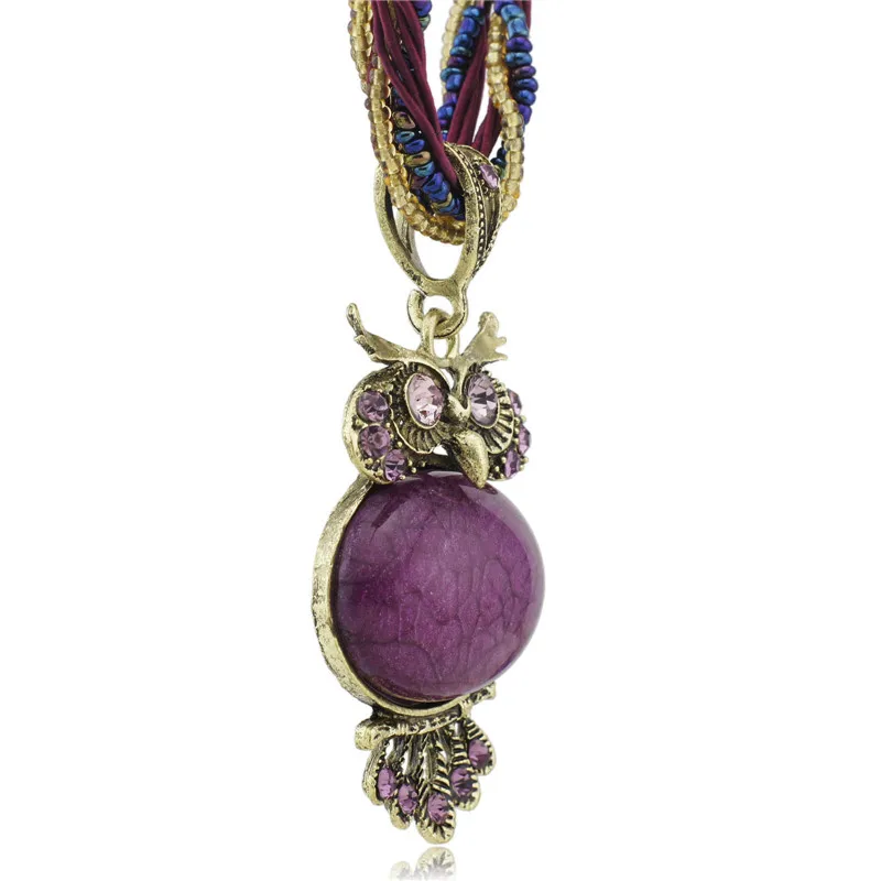 Bohemia Stunning Crystal Owl Chunky Gem Bronze Rope Chain Pendant Clavicle Glass Beads Necklace Free Shipping B040 | Украшения и