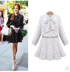 Women Dress 2021 Bow Above Knee Mini Dot Full A-Line Office Lady Chiffon Dresses Empire Ladies White 3418 50 | Женская одежда