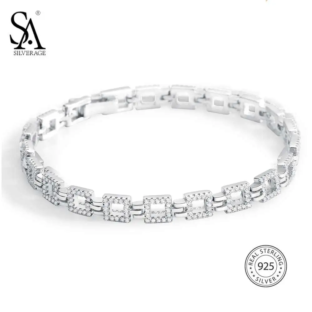 SA SILVERAGE, настоящее 925 пробы, серебряный браслет-цепочка для женщин, хорошее ювелирное изделие, романтические женские свадебные браслеты с кристаллами