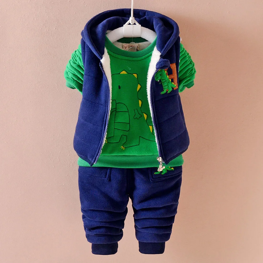 

Winter thick Keep warm kids baby clothes sets fashion cotton Dinosaur boy girl Plus thick velvet three-pieces children clothing