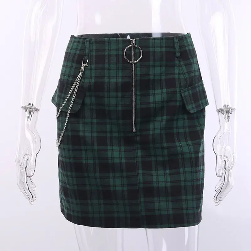 Зеленая клетчатая юбка женская цепочка в стиле панк рок хипстер Готическая