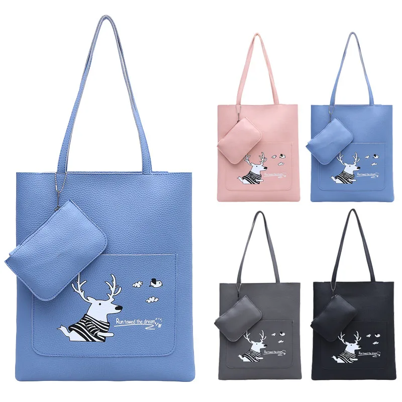 

2 Pcs/Set Simple Fashion Women Composite Bag Handbag + Purse Deer Printing Lady Handbag Casual Clutch Money Shoulder Bags Bolsas