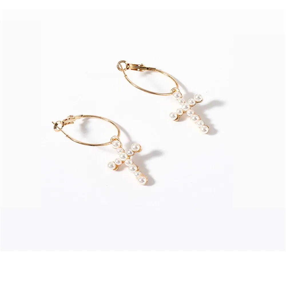CRLEY earring cross pearl Drop Earrings For Women Gold Color Round Circle Connected Elegant Female Christmas Gifts | Украшения и