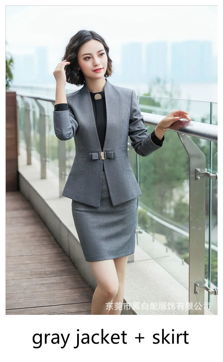 gray blazer skirt Модная женская тонкая OL куртка, пальто, длинный рукав, v-образный вырез, воротник, уличная одежда на одной пуговице, верхняя одежда, Женский деловой костюм с пиджаком - Цвет: gray blazer skirt