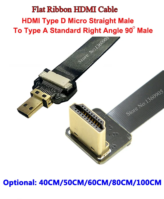 

40/50/60/80/100 см ультра тонкий плоский кабель HDMI FPV микро Тип D прямой штекер к стандартному типу A правый угол 90 градусов