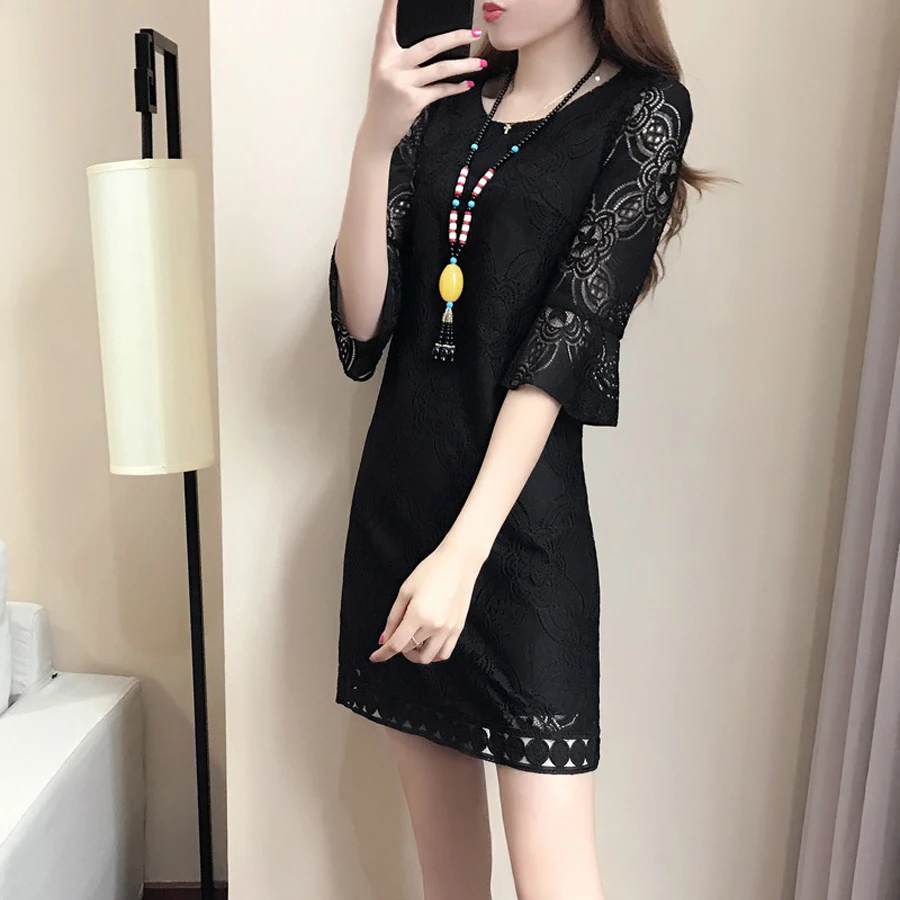 Wrap Party Black White Lace Dress Women Retro Vintage Midi Floral Holow Out Dresses Polka Dot Dantel Crochet C0140H | Женская одежда
