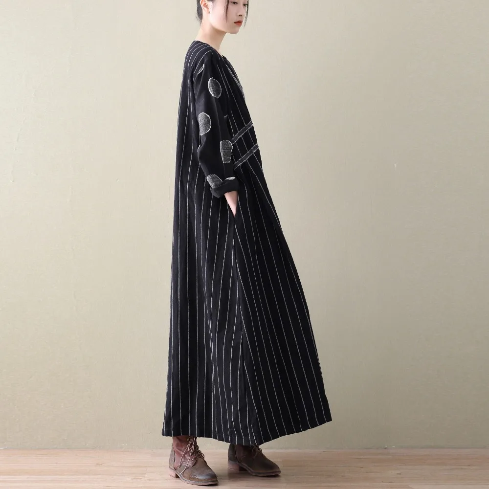 2018 New Spring Women Cotton Linen Dress Patchwork Long Sleeve Striped Dots Casual Vintage Robe Plus Size Clothing | Женская одежда