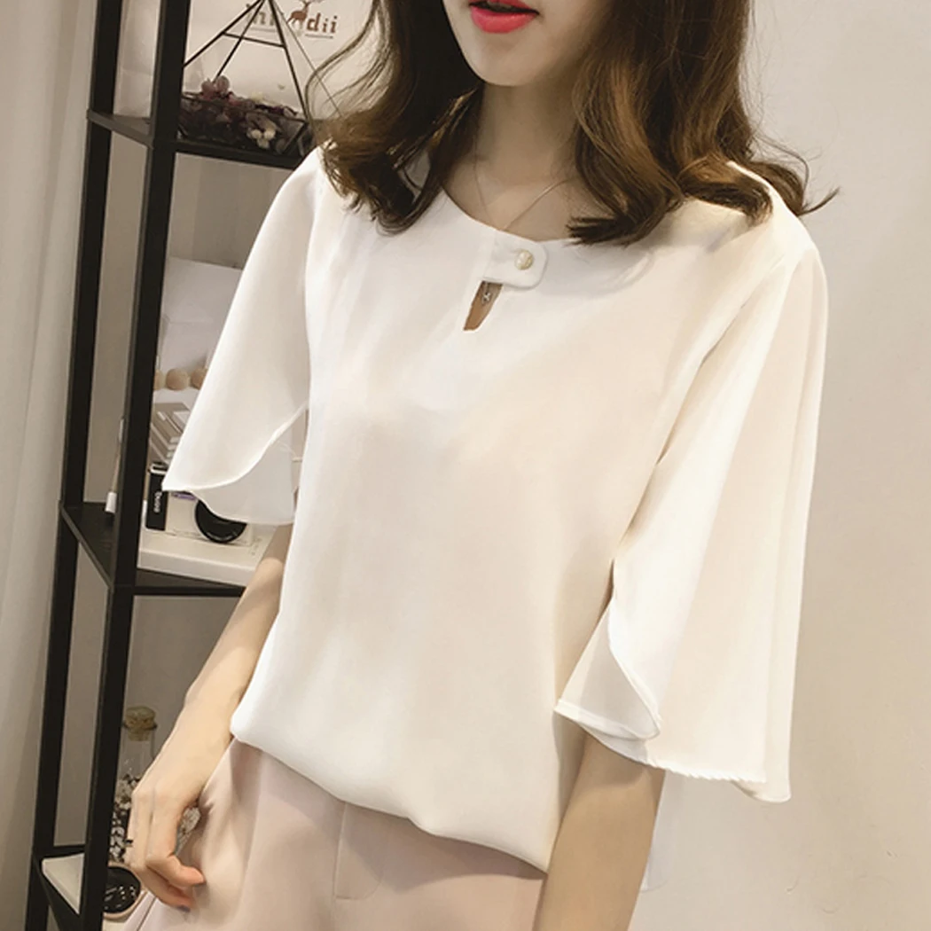 Plus Size Summer Chiffon Blouse Korean Style Women Loose Short Sleeve Shirt Elegant Ladies Solid White Gray Pink Tee Tops Blusas |