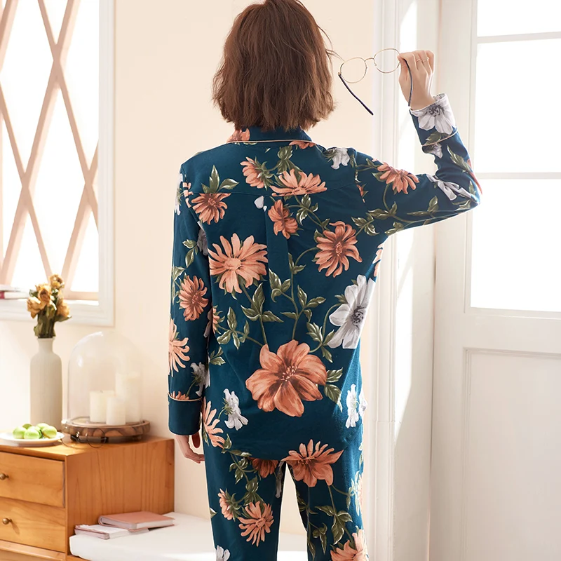 

Autumn Winter 100%Cotton Floral Warm Women's Long Sleeve Pajamas Set Turn-down Collar Cardigan Big Size M-XXL Female Clothing