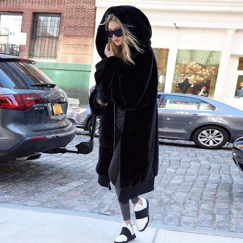 Женское пальто с капюшоном однотонная Повседневная Свободная Меховая куртка