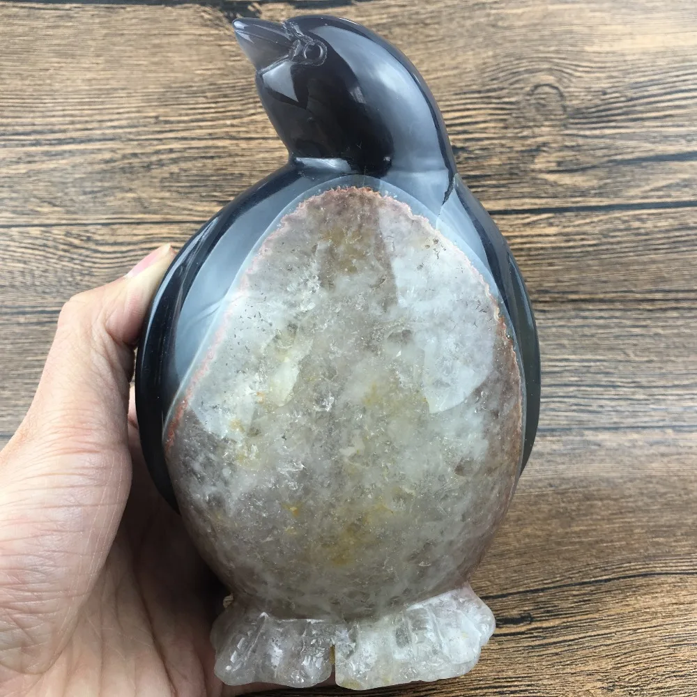 3.14LB натуральный жеод Агат кварц Пингвин череп резной кристалл MK06|Камни| |