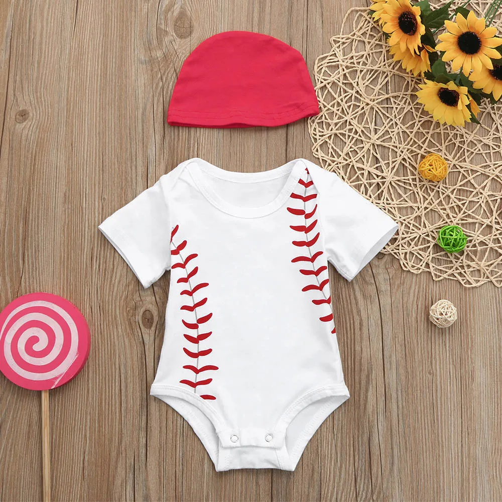 2Pcs Baseball Seam Print Cute Girls Boys Toddler Kids Outfits Clothes Short Sleeve Romper+Hat Jumpsuit Set Dropshipping | Мать и ребенок