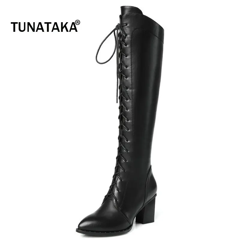 Harga Wanita Asli Kulit Menunjuk Toe Renda Up Square Hak Tinggi Sepatu Bot Setinggi Lutut Fashion Sisi Ritsleting Gaun Musim Dingin Sepatu Bot Hitam Coklat