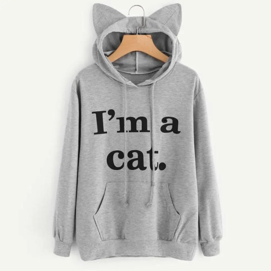 Женская толстовка с капюшоном надписью I am a Cat kawaii пуловер карманами и длинными