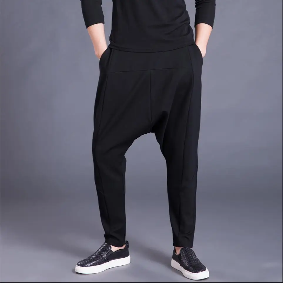 S-5xl Winter Men's Fashion Black Casual Stretch Harem Pants Large Size Crotch Pants Hairstylist Loose Trousers Singer Costumes