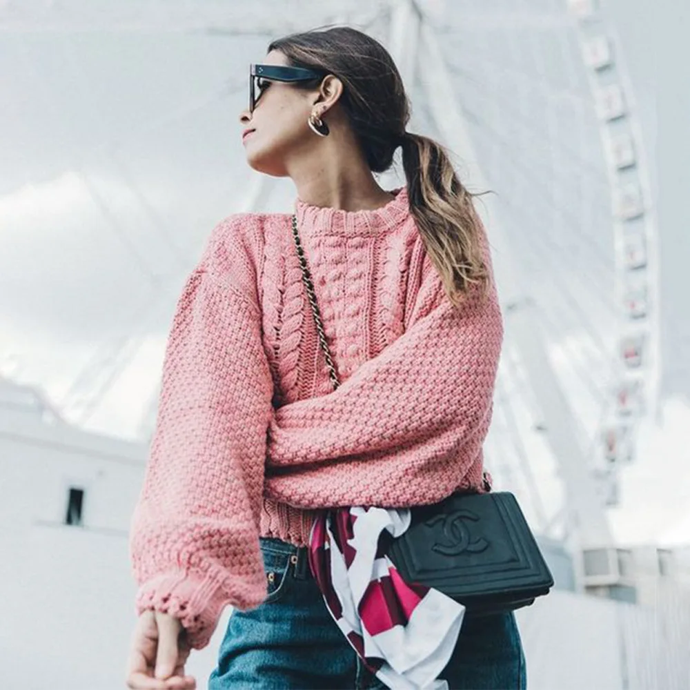 OMCHION Pull Femme 2018 Autumn Winter Twist Casual Women Sweaters And Pullovers O Neck Thick Pink Jumper Brand Knitwear LMM199 | Женская