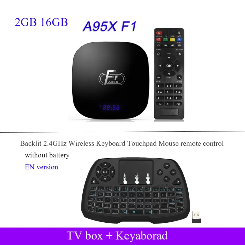 16G box EN keyboard Смарт ТВ приставка A95X F1 Android 8,1 ТВ приставка Amlogic S905W приставка пульт дистанционного управления четырехъядерный VP9 H.265 2 ГБ/16 ГБ 2,4G WiFi HD коробка - Цвет: 16G box EN keyboard