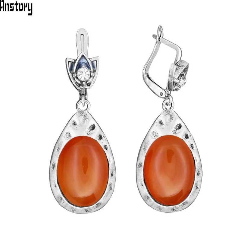Natural Agate Винтажные овальные розовые кварцевые нефритовые серьги для женщин, античные посеребренные серьги в форме капли воды, модное ювелирное изделие TE531 - Окраска металла: Natural Agate