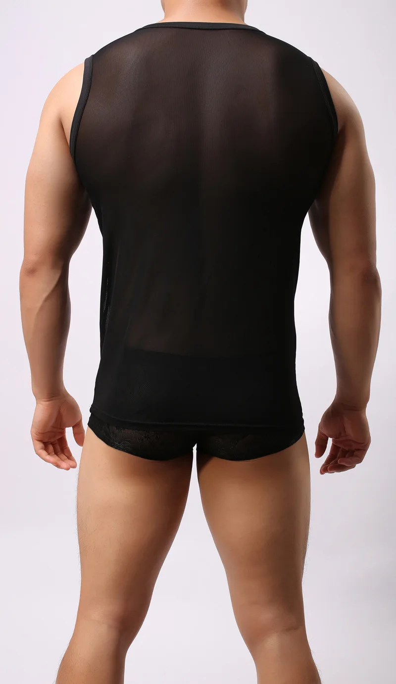 Man Undershirt Men Ice Silk Spandex Sheer Vest Male Sexy Mesh O-neck Thin Short Sleeves Gay Fitness Transparent Tank Tops |