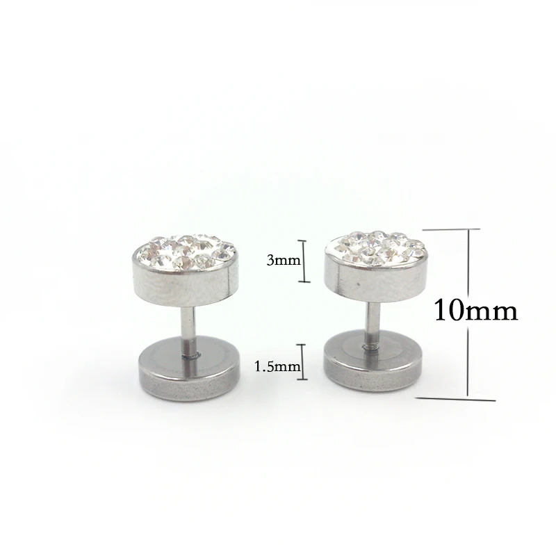 Hot 1Pair Black/Silver Color Men Barbell Punk Ear Studs Trendy Round Stainless Steel Crystal Rhinestone Stud Earrings For |