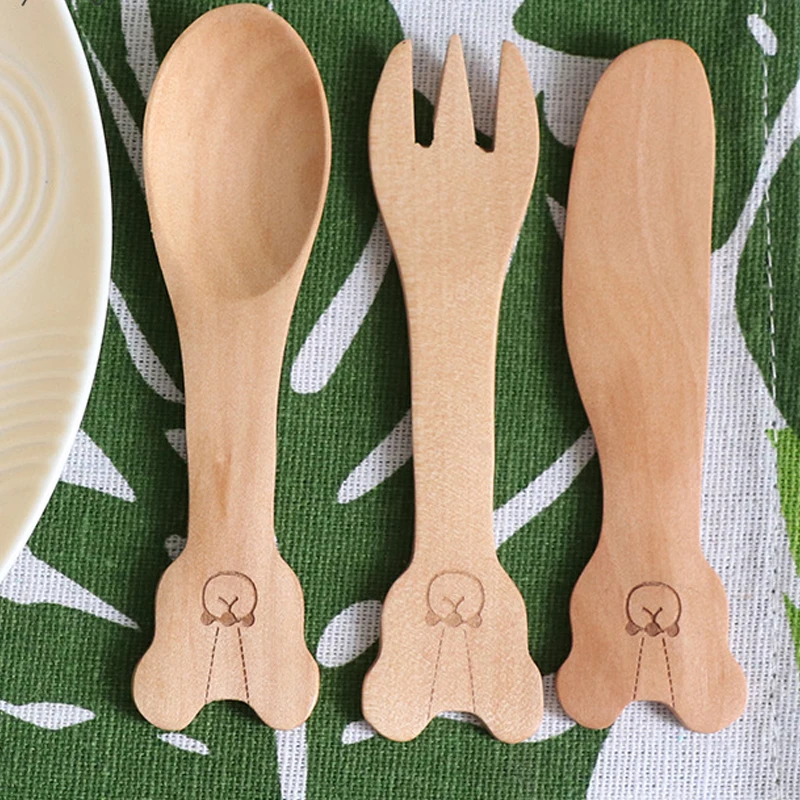 Корейские столовые приборы для детей деревянные экологичные с медведем ложкой