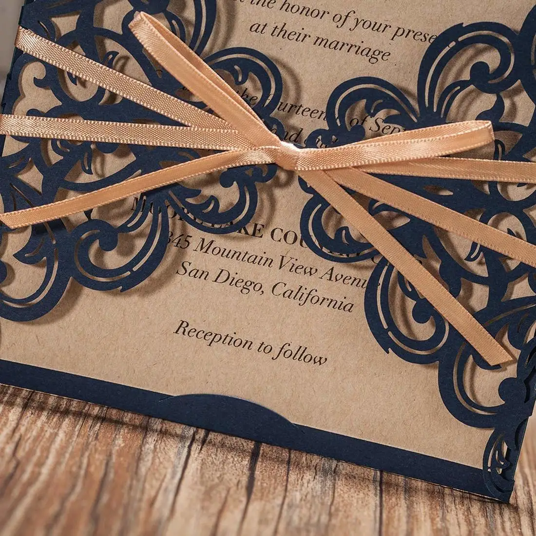 50Pcs Blue Laser Cut Wedding Invitations Cards Happy Birthday Gift Greeting Card with Envelopes and Handmade Ribbon Decorations | Дом и сад