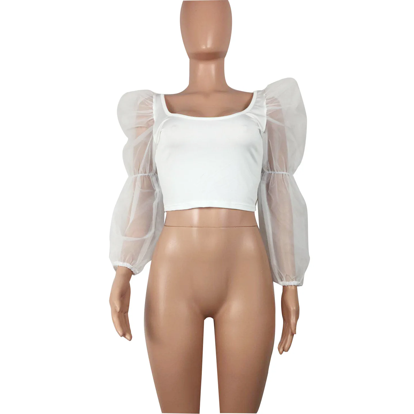 

HAOOHU Summer 2019 mesh stitching long-sleeved vest women hot U-neck exposed umbilical rubber sleeves shirt YZ1104
