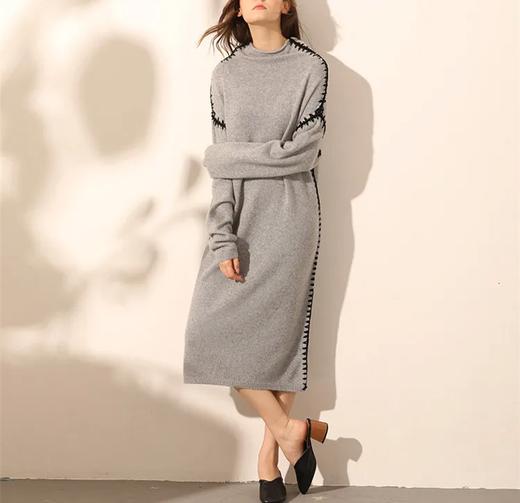 100% goat cashmere knit women new fashion elegant pullover sweater dress hand seamed sides high collar S/M/L | Женская одежда