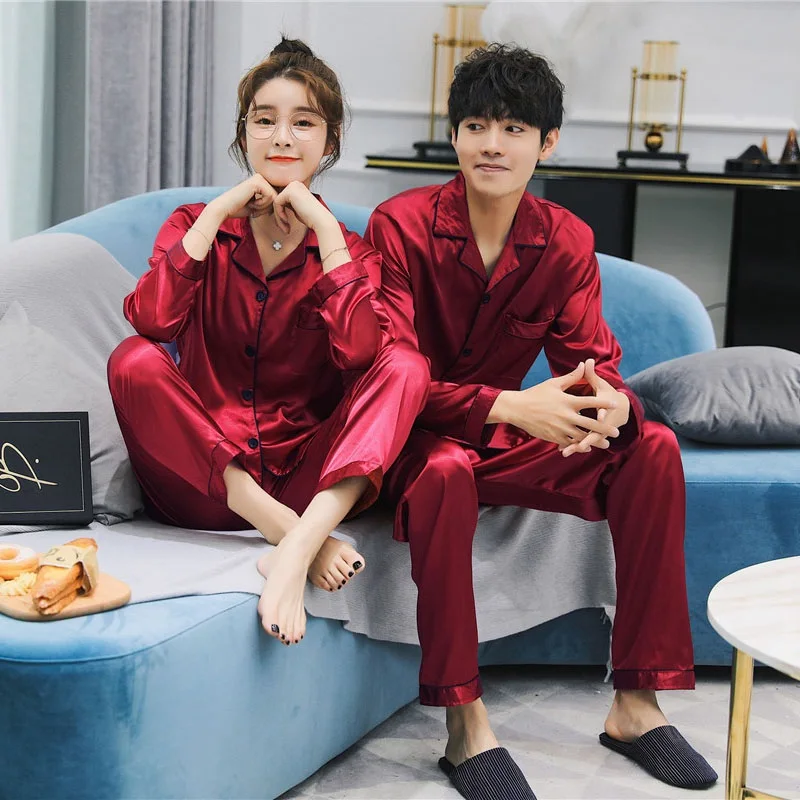 Women Men Ice Silk Satin Pajamas Set Comfy Long Sleeve Sleepwear Pijama Pyjamas Suit Female Male Sleep Two Piece Sets Loungewear | Женская