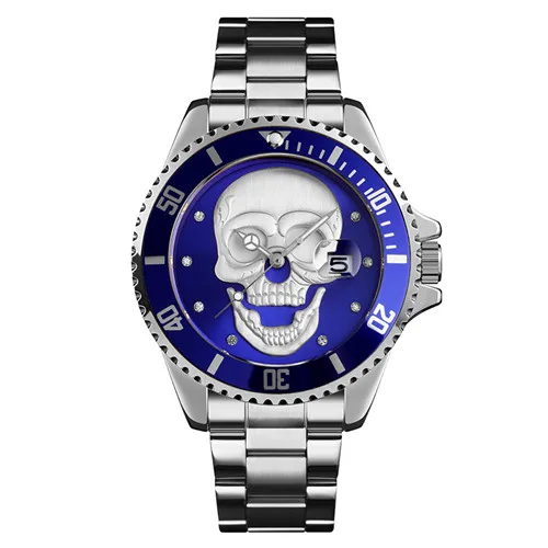 Silver blue Креативные мужские кварцевые часы с рисунком черепа, водонепроницаемые мужские наручные часы из нержавеющей стали, мужские часы Relogio Masculino 9195 - Цвет: Silver blue