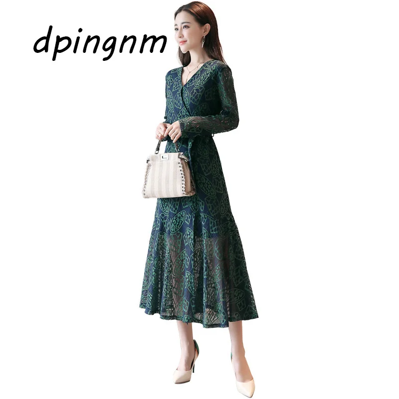 

Женское кружевное платье с V-образным вырезом, розовое облегающее платье-трапеция средней длины с длинным рукавом и цветочным принтом для вечерние, Новинка лета 2018